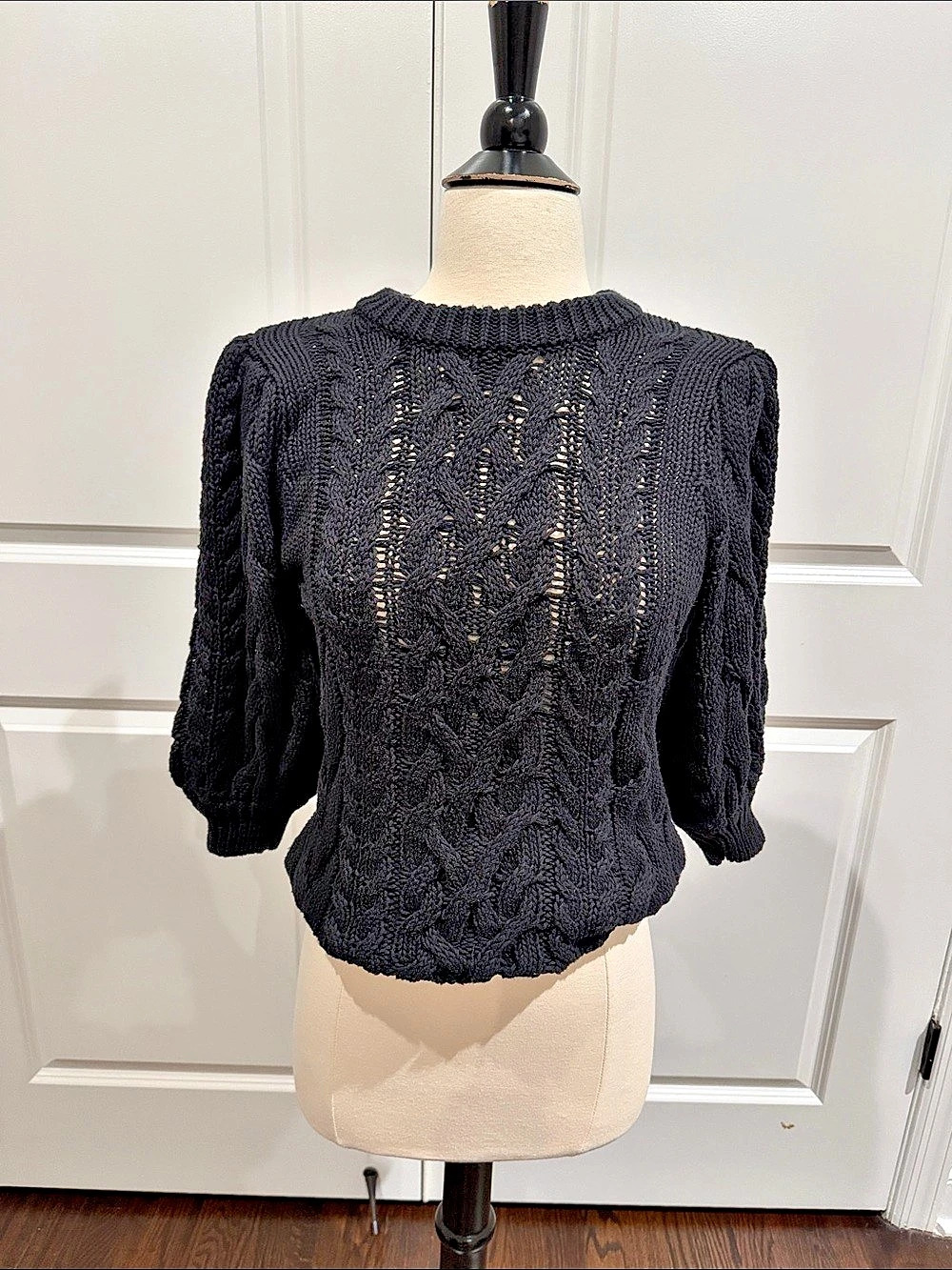 525 America Mason Cable Short Sleeve Sweater Black